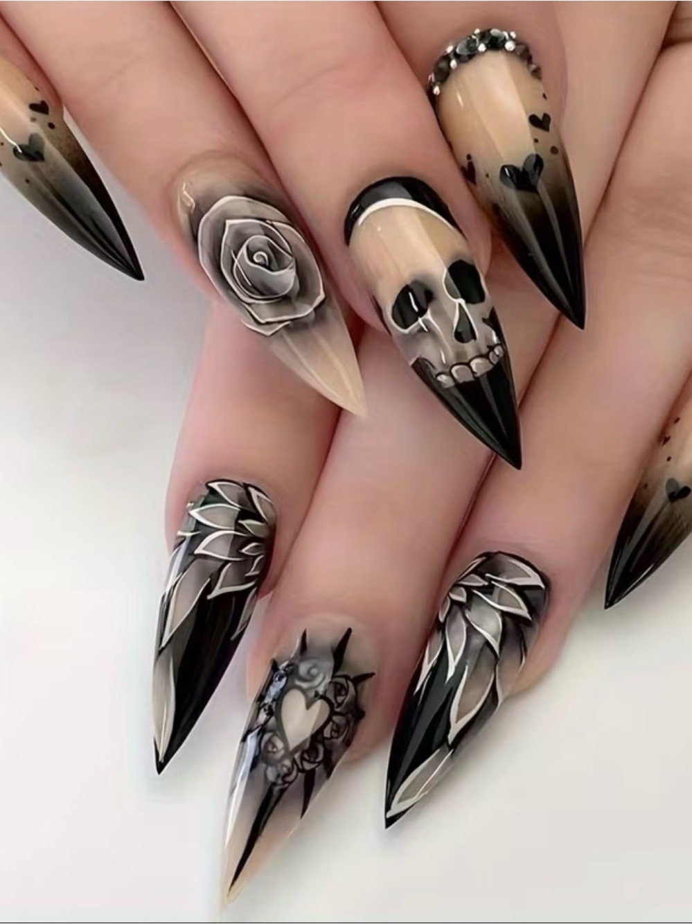 Black Gothic Skull & Rose Stiletto Nails